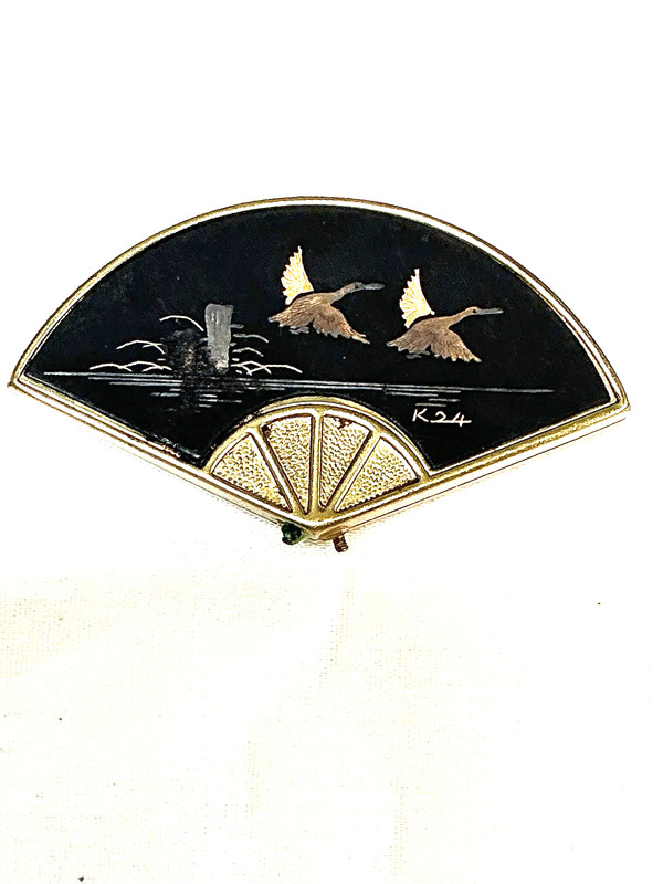 Japanese Fan Shape Damascene Compact or Pill Holder K24 Inlay, Pink Lady #169764