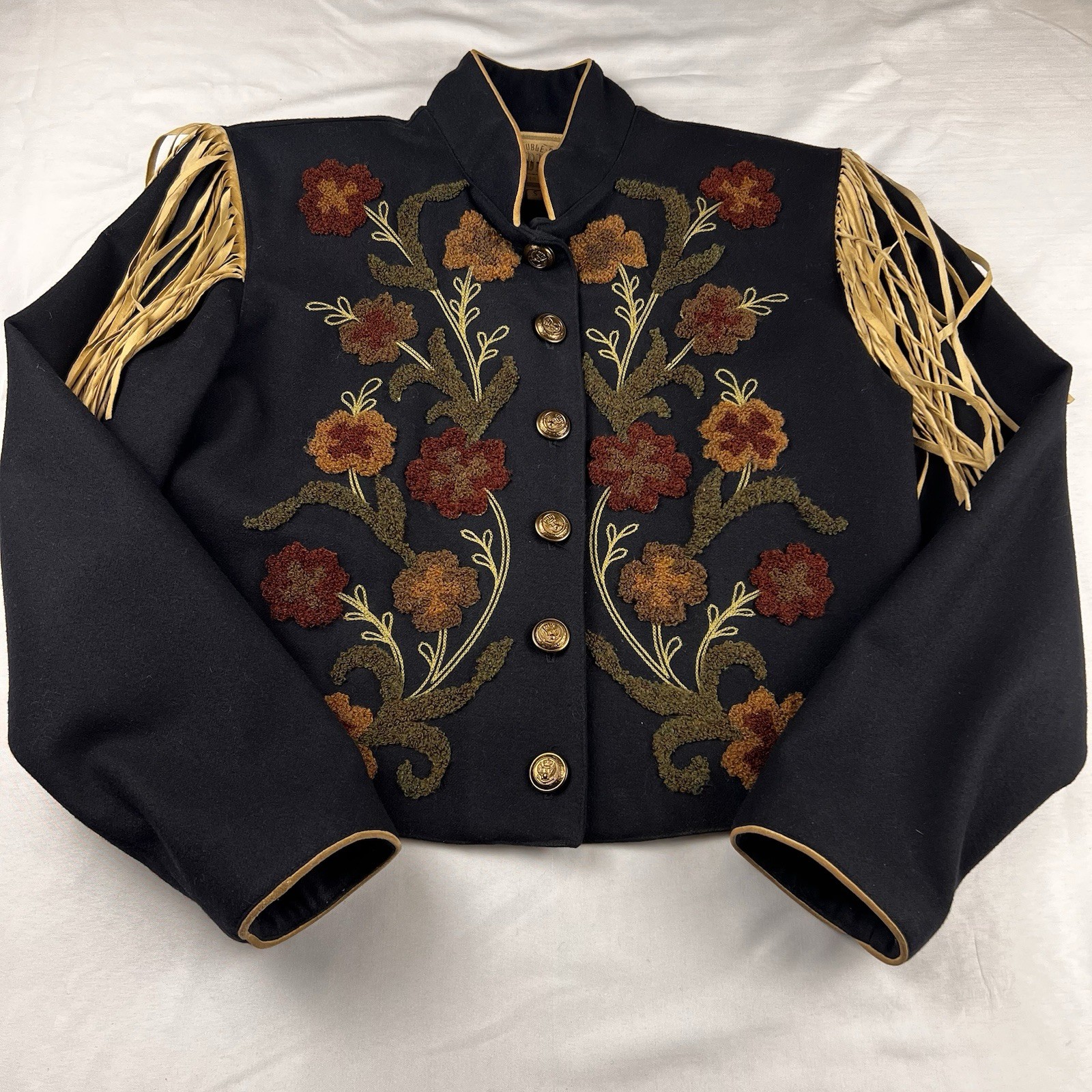 Double D Ranch Jacket Wool Embroidered Floral Fringed Black Western Rodeo Small
