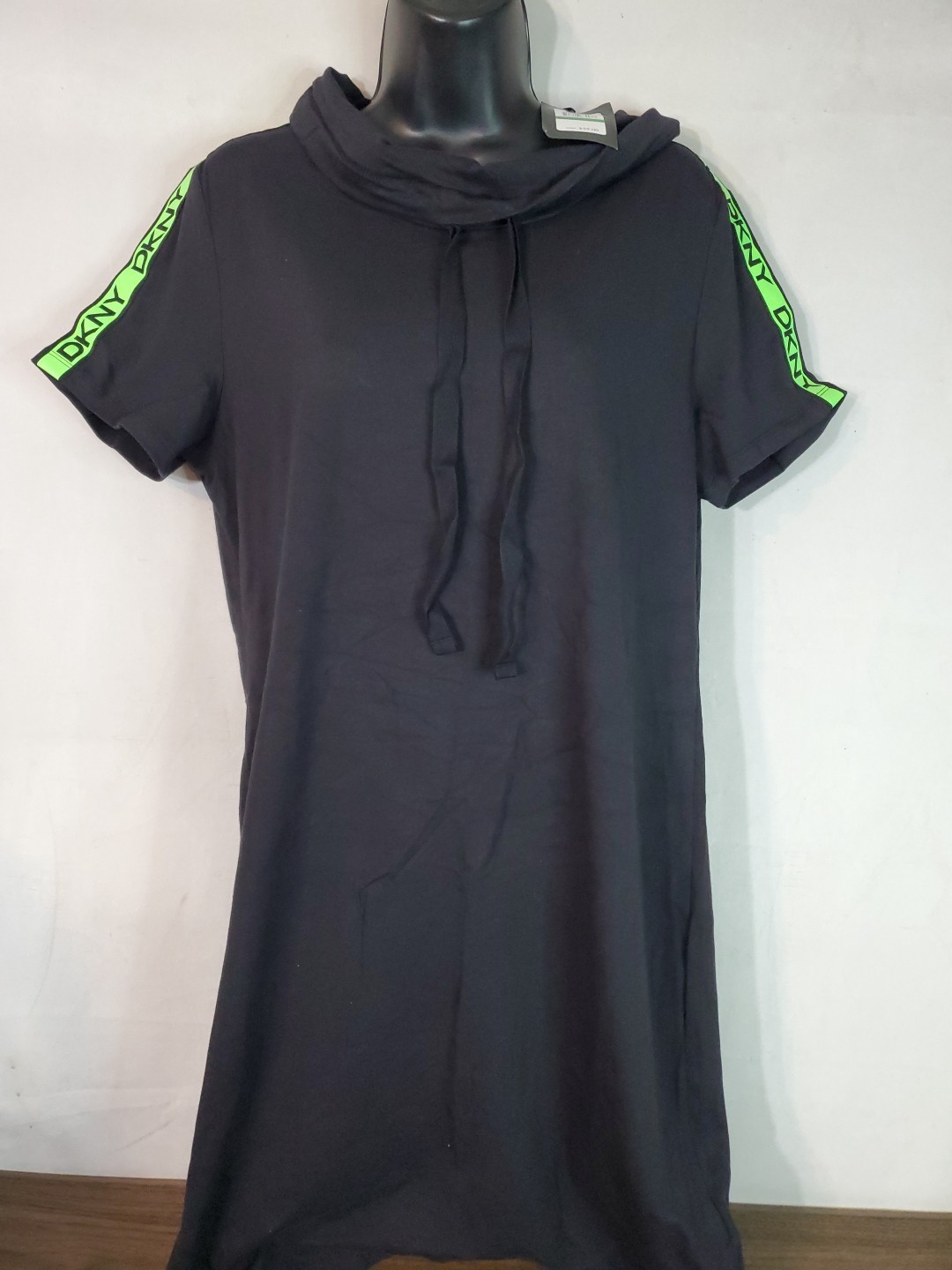 DKNY Women's Florescent Green Logo Hooded T-shirt Dress Size Large Nwt
