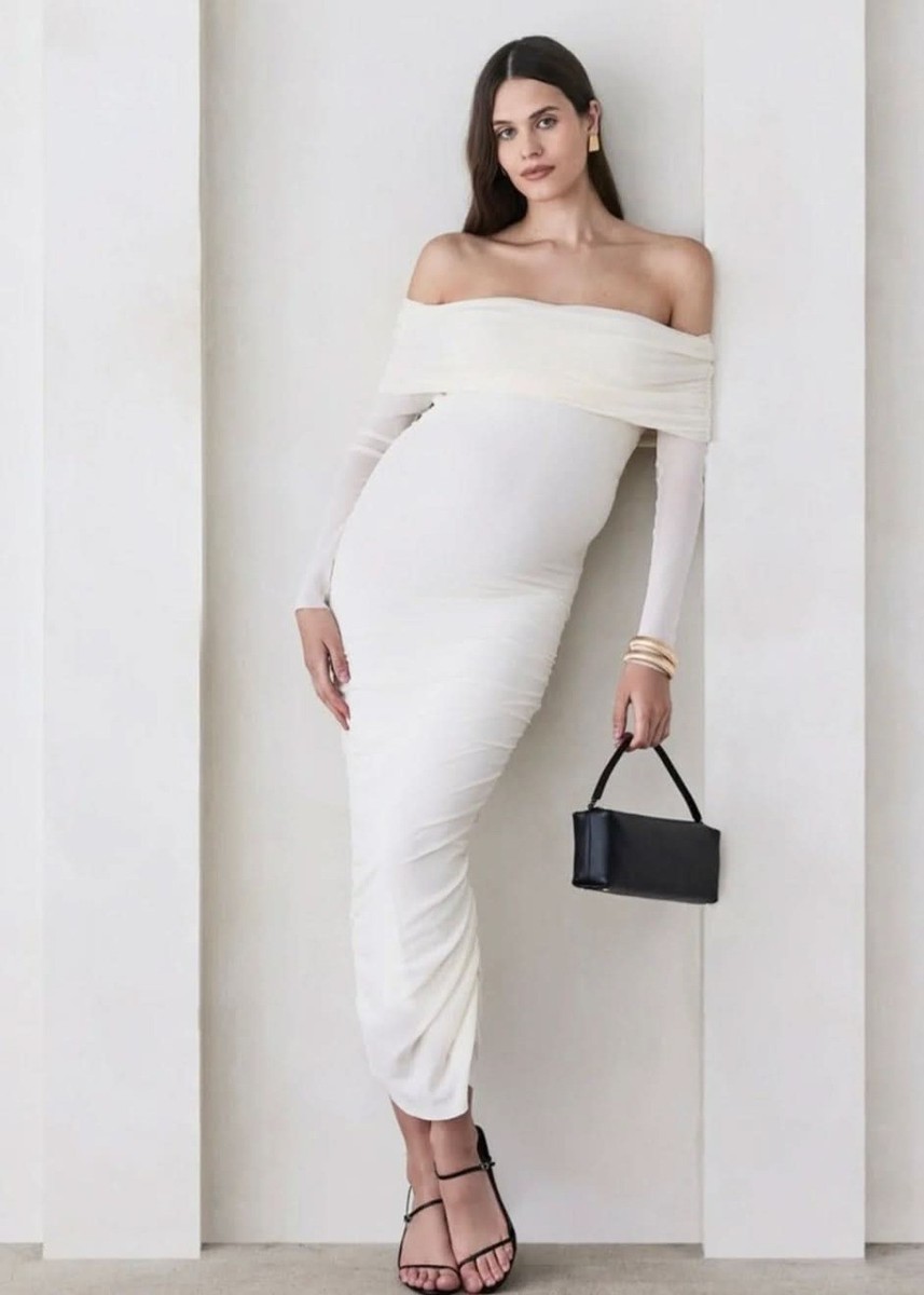 knee length dresses for ladies Pinkblush Tall Ivory Off Shoulder Maternity Maxi Dress main image 0