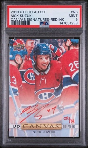 2019-20 Upper Deck Clear Cut UD Canvas Signatures Red Nick Suzuki 09/14 PSA 9