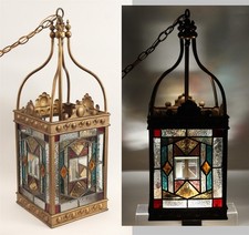 Large Antique Victorian Brass 4-Sided Stained Leaded Glass Ceiling Hanging Lamp
