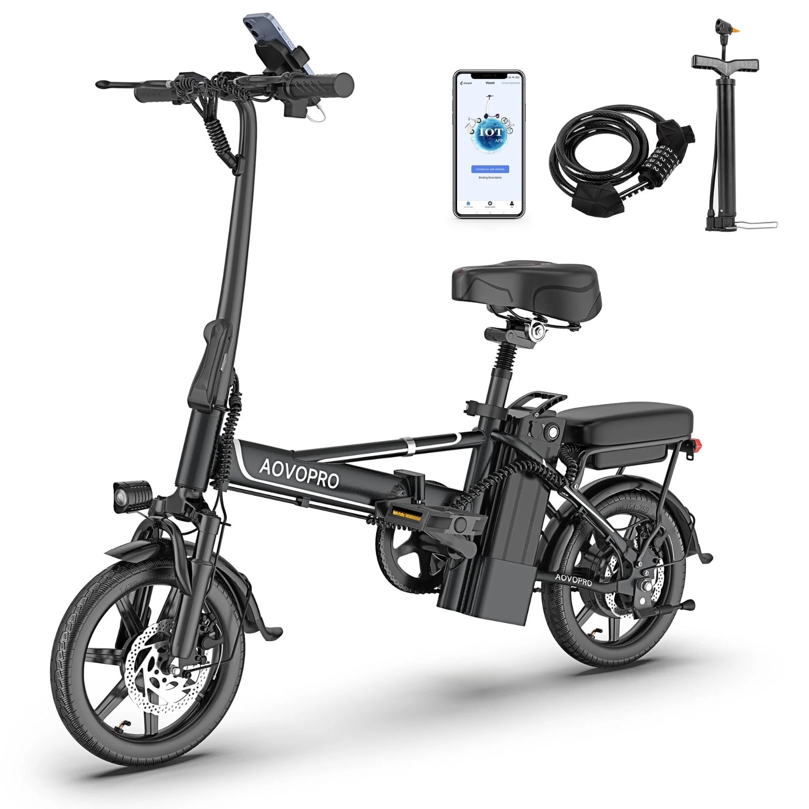 AOVOPRO 14" Folding Electric Bike Adults Teens, 500W 10.5ah 