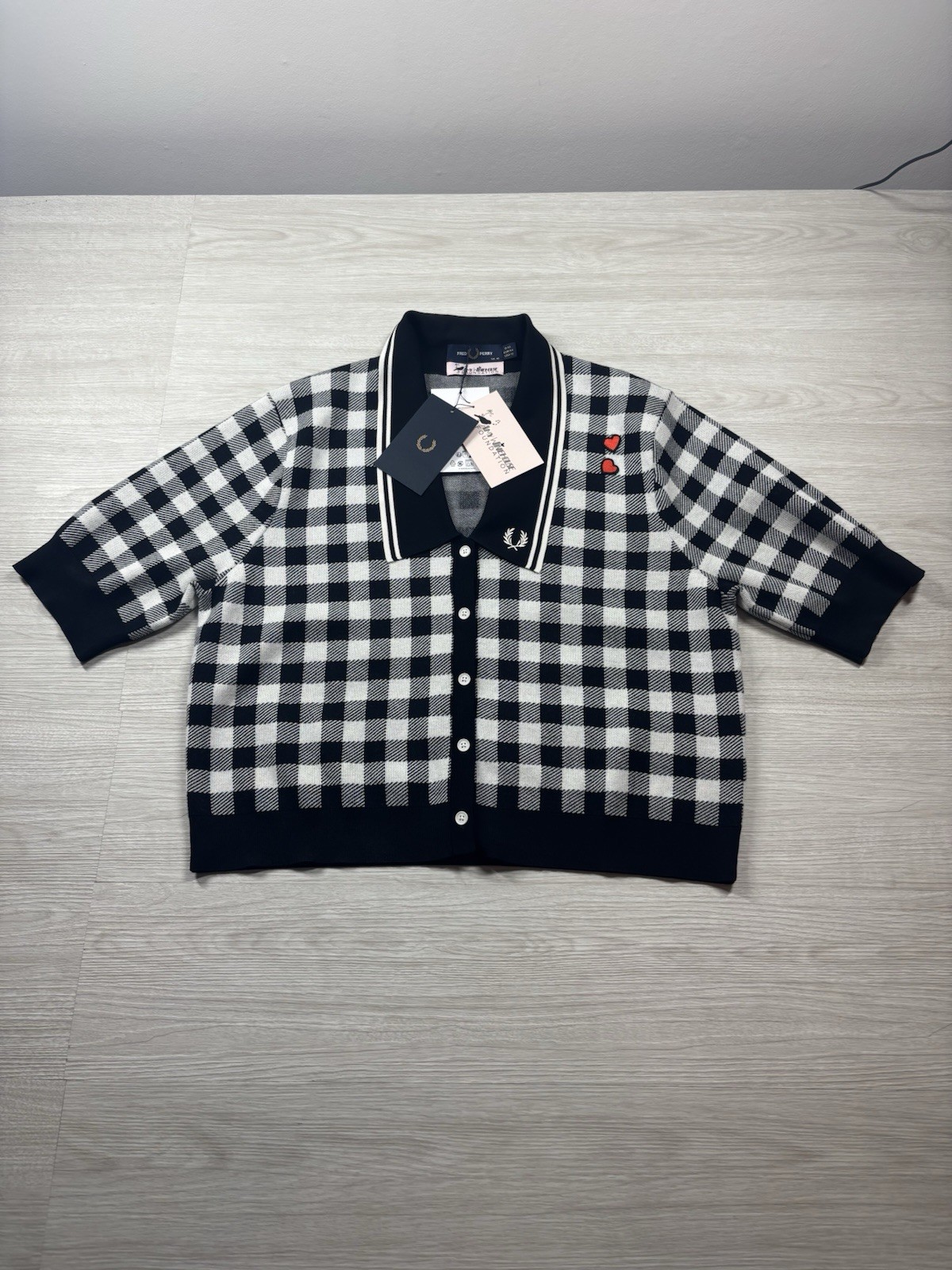 Fred Perry Amy Winehouse Gingham Knitted Shirt Black & White Size 16 Brand New