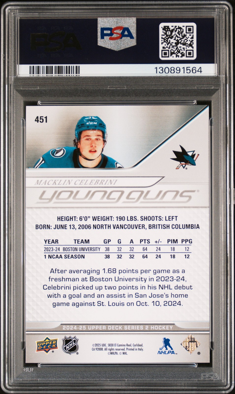 2024 Upper Deck #451 Macklin Celebrini Young Guns Sharks PSA 9 view 2