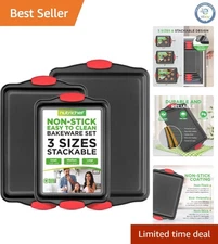 3-Piece Nonstick Baking Pans Set - Stylish Carbon Steel with Silicone Handles