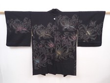 6016T14z620 Vintage Japanese Kimono Silk HAORI Flowers Black
