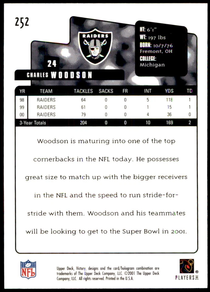 Charles Woodson 2001 Upper Deck Victory #252 Raiders NFL READ FREE SHIPPING - Image 2 of 2