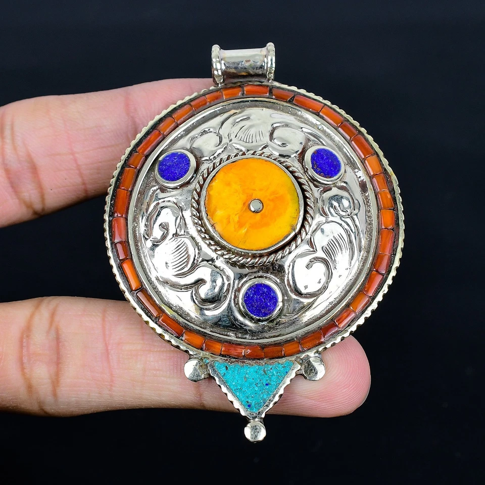 Ciondolo Corallo Lapislazzuli Turchese Argento Sterling 925 Tibetano... - Immagine 2 di 4