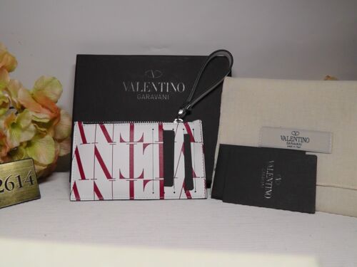 Porte-carte zippée en cuir VALENTINO GARAVANI blanc/rouge VLTN Times *******$320*** - Photo 1/12