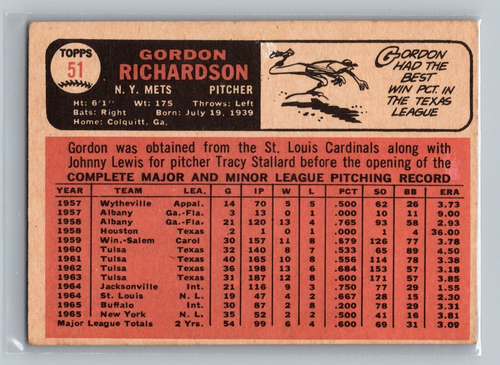 1966 Topps Gordon Richardson #51 - New York Mets - EX to NEAR MINT - Picture 2 of 2