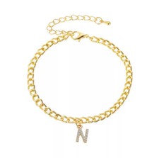 Women Tiny A-Z Initial Letter Anklets Alphabet Cuban Link Bracelet- Gold