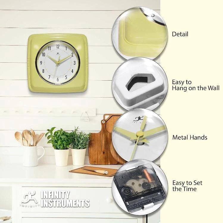 Retro Square Wall Clock 9-1/2" Silent Non-Ticking Vintage Plastic Quartz Analog - Image 4 of 4