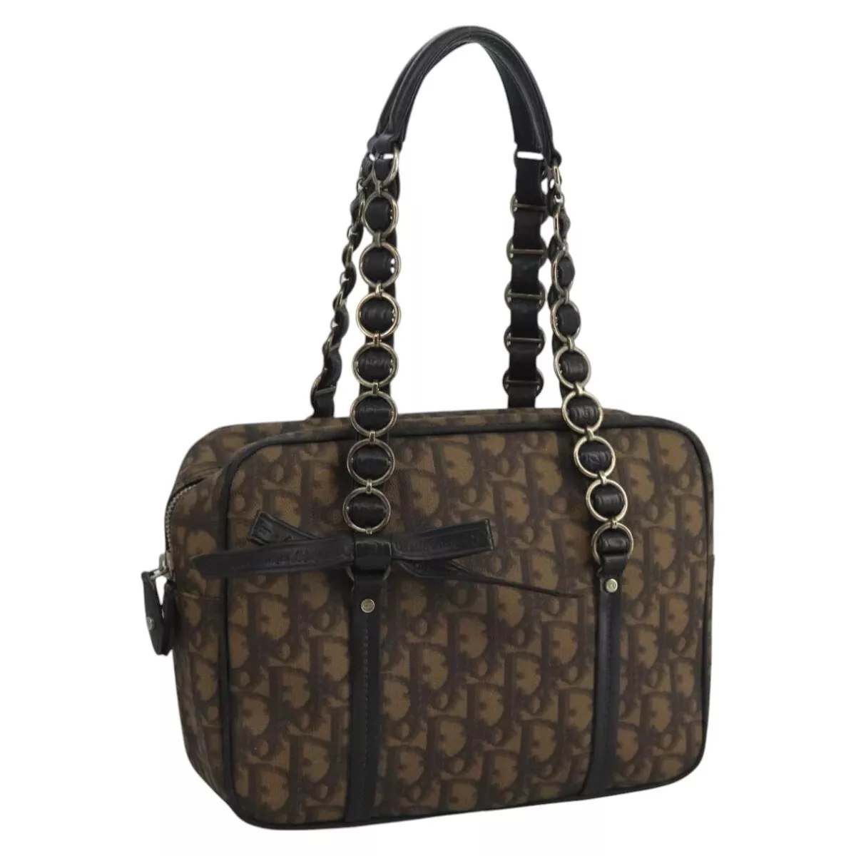 Sac à main romantique Christian Dior Trotter PVC cuir marron authentique 111439
