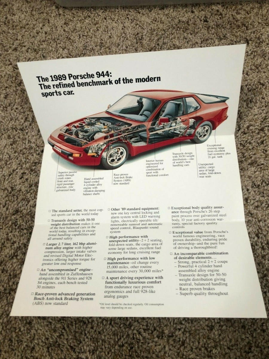 1989 Porsche 944 Factory Original Car Sales Specification Brochure