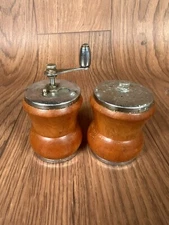 Vintage Salt Shaker & Pepper Mill Grinder, MCM Wood & Chrome