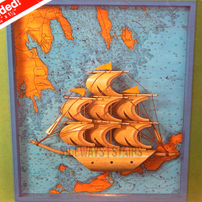 WHITMAN POLISHED BAMBOO SHIP W/ DISPLAY FRAME 1973 vintage