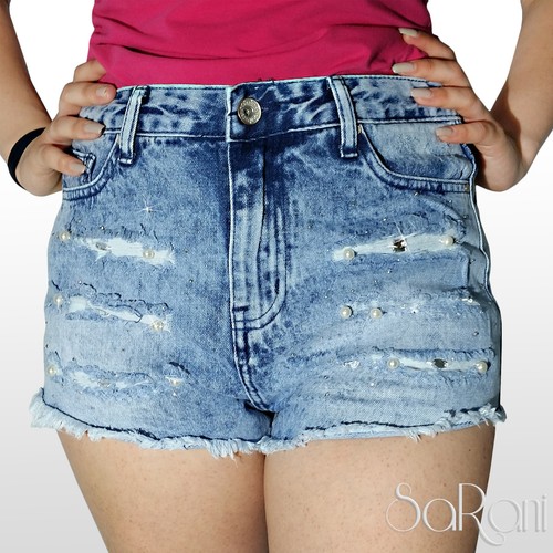 Shorts Mujer Pantalones Cortos Vaqueros Talle Alto Sexo Rotos Swarovski  Sarani | eBay