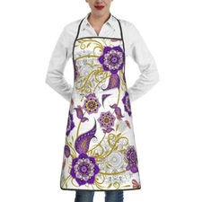Purple Flower Women Bib Aprons Boho Floral Kitchen Chef Cooking Apron With Po...