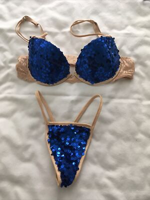 Dancer Costume Nude With Royal Sequins Padded Bra And G String 34A