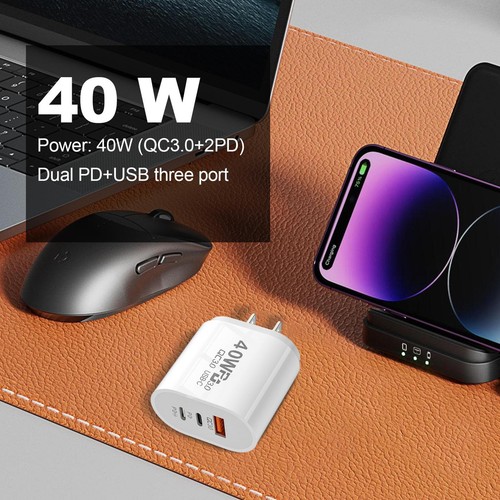 USB C Wall Charger 40W Fast Charging Block Cube Brick Dual Port PD Power Adapt - Photo 8 sur 14