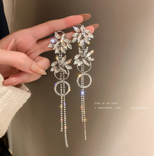Silver Plated CZ Flower Wedding Bridal Drop Dangle Tassel Earrings Studs Gift AZ