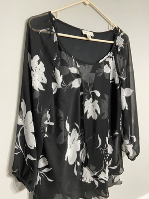 Tamara H Black Floral Long Sleeve Polyester Blouse womens large 