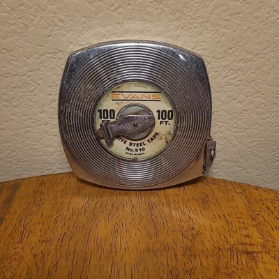 Vintage Evans 100 Foot White Steel Tape Measure No. 510 Manual Retract Made USA