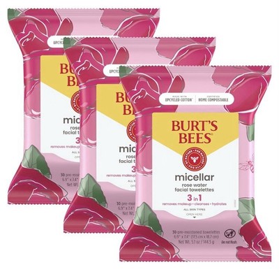 Lot of 3 - New Burt's Bees Micellar Rose Water Facial Towelettes | 30 qty