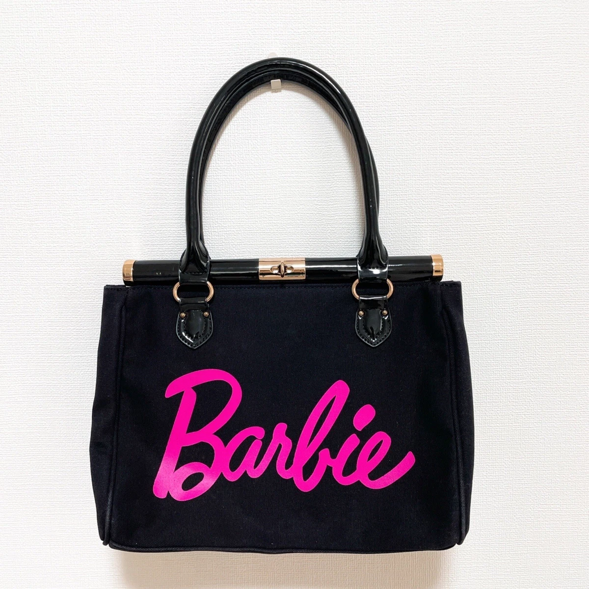 Barbie Iconic Medium Hand Bag Purse Black Pink Woman Canvas Turn