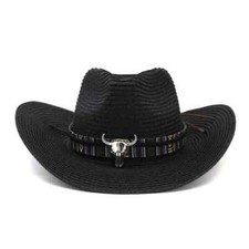 Black Straw Cowboy, Cowgirl Hat, Western Longhorn Bull Strap Men Women, w/ Strap