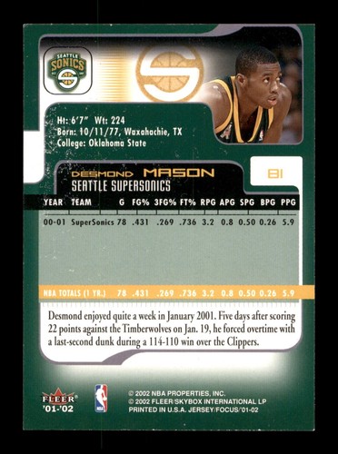 81 Desmond Mason 24 24 2002 Fleer Basketball Sports Trading Card - Picture 2 of 2