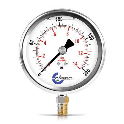 4'' Pressure Gauge, Stainless Steel Case, Liquid Filled, Lower Mnt 200 PSI