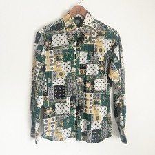 1970s Joel California Shirt Button Top Green Yellow Floral Patchwork Disco Men M