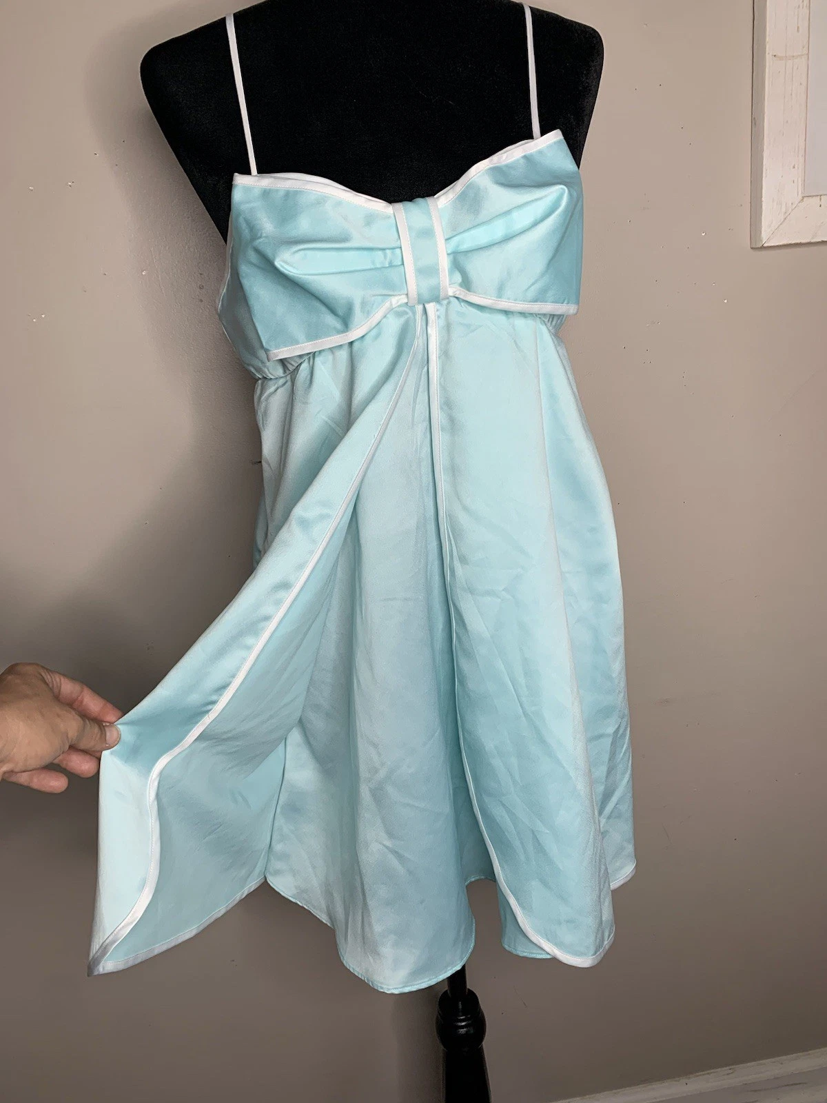 Camicia da notte Kate Spade Big Bow Aqua Nighty Slip Dress Chemise taglia M blu sonno