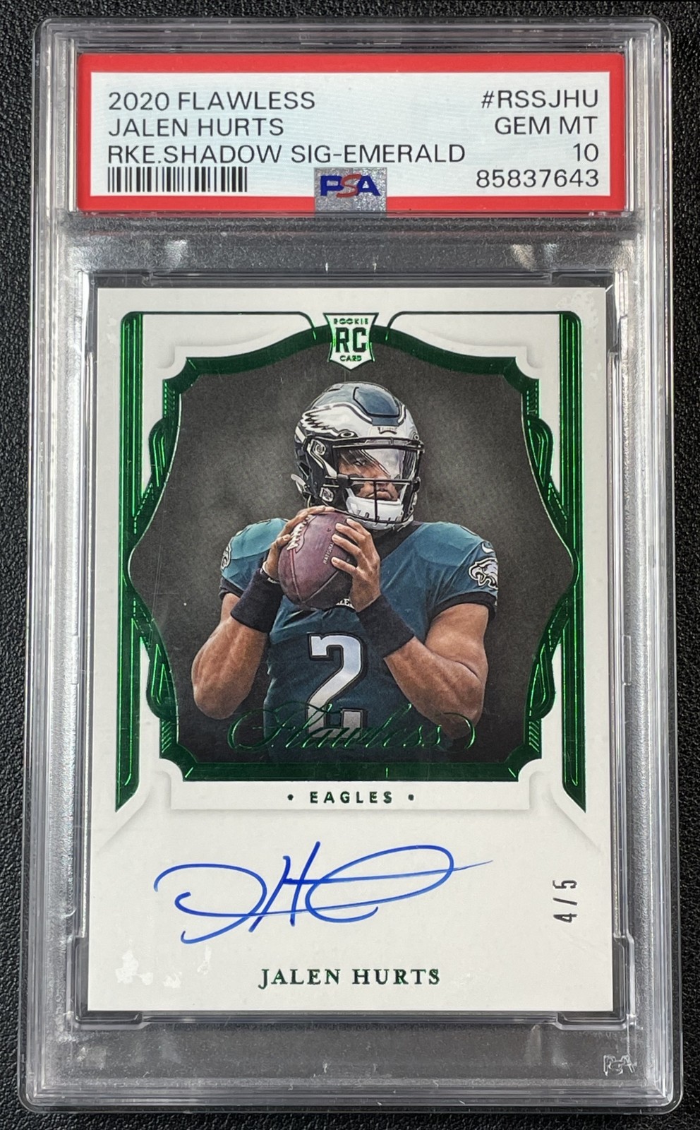 Jalen Hurts Panini Flawless Rookie Shadow Signatures #RSSJHU Emerald