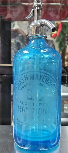 Vintage Seltzer Bottle Blue Rare CHAS H MAYER INDIANA in Tact 1950's Czech