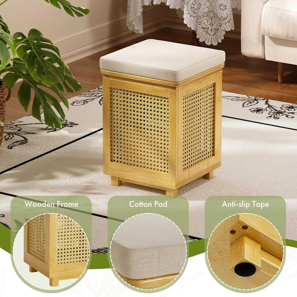 Square Storage Ottoman, Bamboo Rattan Weave Stool with Removable Cushion Top, Sm - Image 4 of 4
