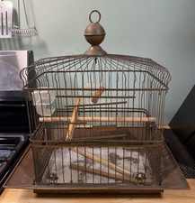 Antique 1920s Hendryx 16" Brass Bird Cage w/ 3 doors extra perches Made in USA