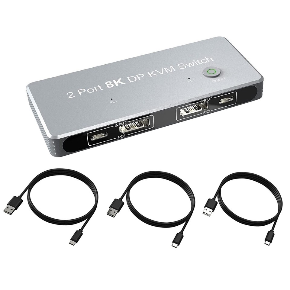 KVM switch 2 pc's 2 monitoren 8K@30Hz 4K@144Hz,ESKEVE dubbele monitor KVM switch DisplayPort voor 2 pc's Deel 2 monitoren en 4 USB3.0-apparaten, met DP USB-kabel en desktopcontroller