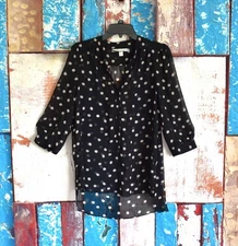 Women's Lauren Conrad Blouse V-Neck Button Polka Dot MEDIUM Black