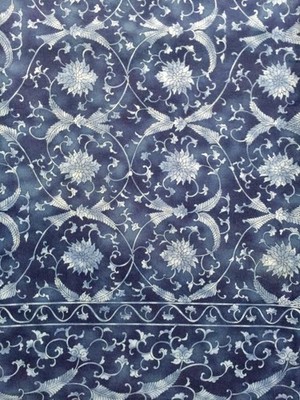 Oriental block printed blue tablecloth 52v64'' blue cotton Vintage