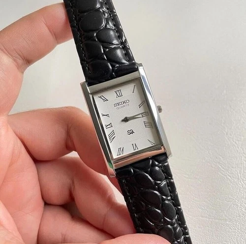 Vintage Seiko Slim Tank Quartz Men White Dial Dress Watch-Free DDP Shipping