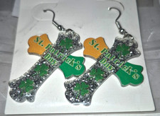 St Patrick  s Day Irish Cross Clover Glitter Dangle Drop Acrylic Earrings NEW