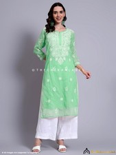 Green Kota Cotton Chikankari Straight Kurta With Inner, Lucknowi Chikankari Top