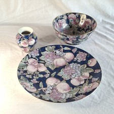 Toyo Chinese Porcelain Bowl Plate Vase Set Hand Painted Fruit Purple Pink