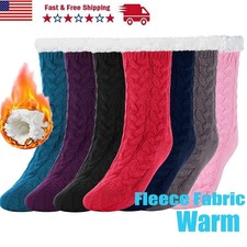 New Womens Fuzzy Sherpa Fleece-lined Warm Thermal Non-Skid Slipper Socks Winter