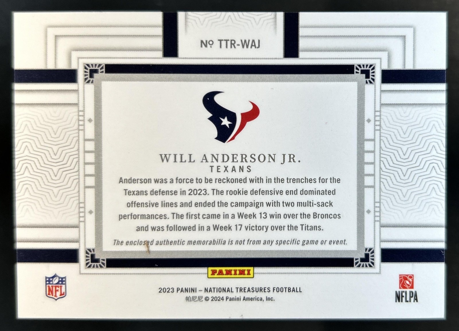 2023 National Treasures Will Anderson Jr. Tremendous RC Patch NFL Shield #1/1 view 2