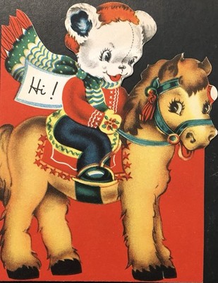 Vintage Christmas Greeting Card Anthro. Bear Hat Scarf Mittens Riding Cute Pony