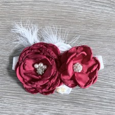Red  White Floral Baby Headband with Pearl  Feather Accents